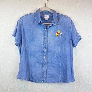 Vintage Disney 90s Winnie the Pooh Denim Button Shirt Womens L Blue Disneycore